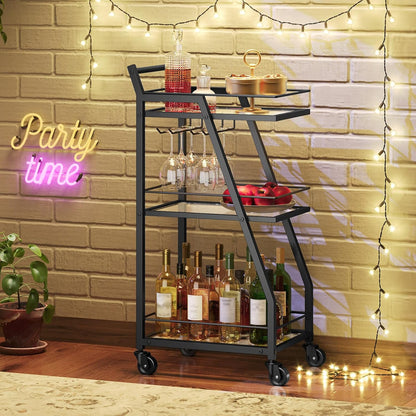 Bar Cart, 3-Tier Bar Cart for The Home, Home Bar Serving Cart with Glass Holders, Beverage Cart for Kitchen, Dining, Party Room, Black BC03BK