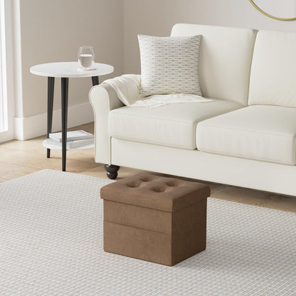 LINMAGCO Storage Ottoman Folding Foot Stool Foot Rest with Side Pocket Modern Ottoman with Storage Short Sofa Stool Linen Cloth 17x13x13(Brown)