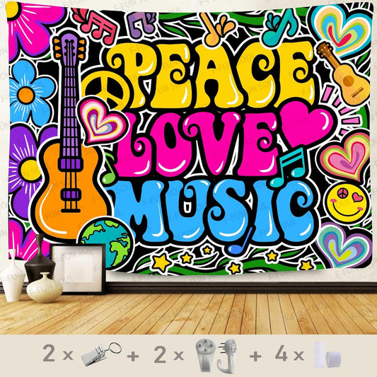F-FUN SOUL Peace Love and Music Tapestry, 40x30inches Soft Flannel, Guitar Symbol Dove Flowers Psychedelic Art Tapestries Wall Hanging for Bedroom Living Room Decor Banner
