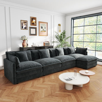 Sectional Sofa 4 Seater with Movable 1 Ottoman,Oversized Modular Couch Deep Seat (Grey, 146.5 inch-L)