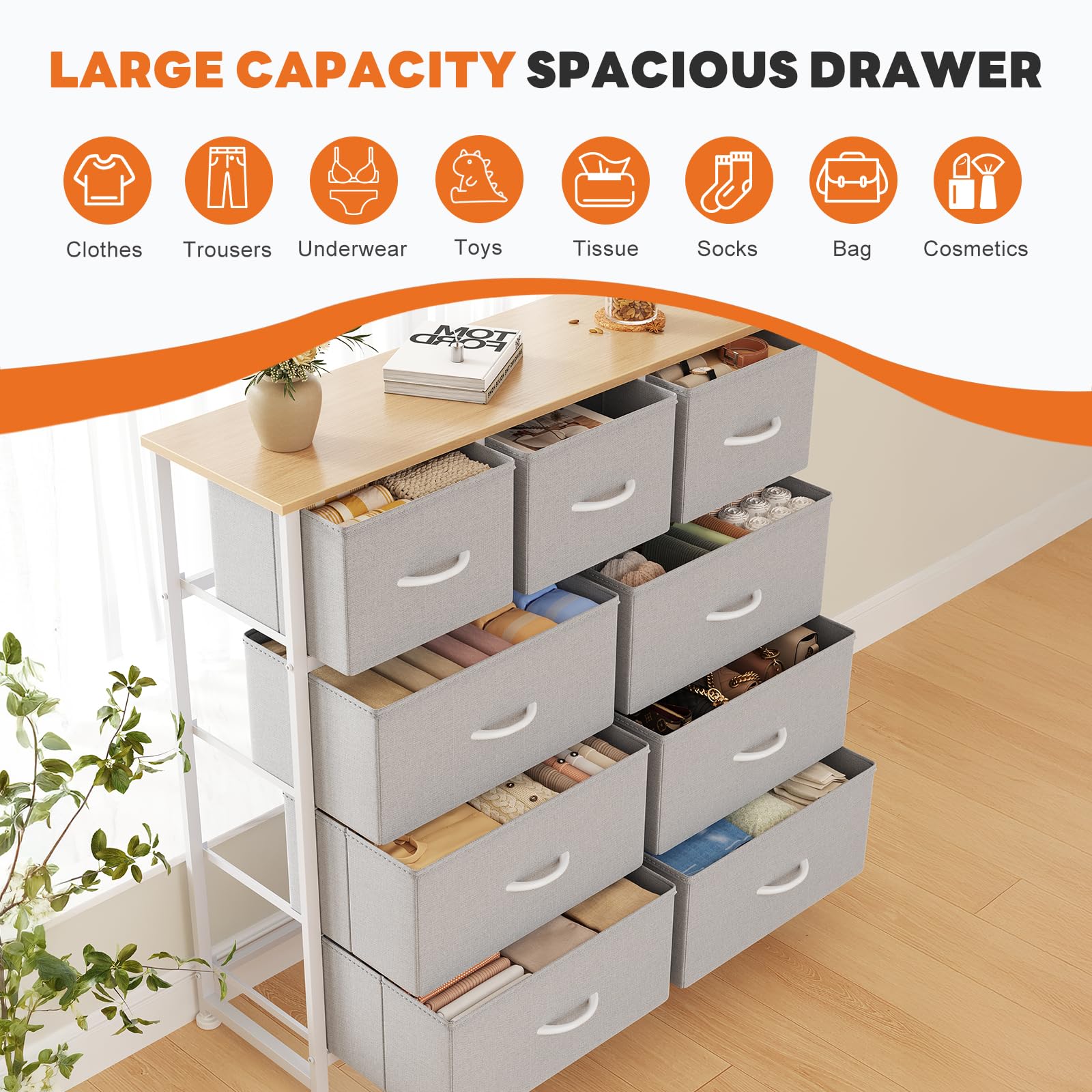 Sweetcrispy 9 Drawer Fabric Dresser Storage Tower Organizer, Light Grey