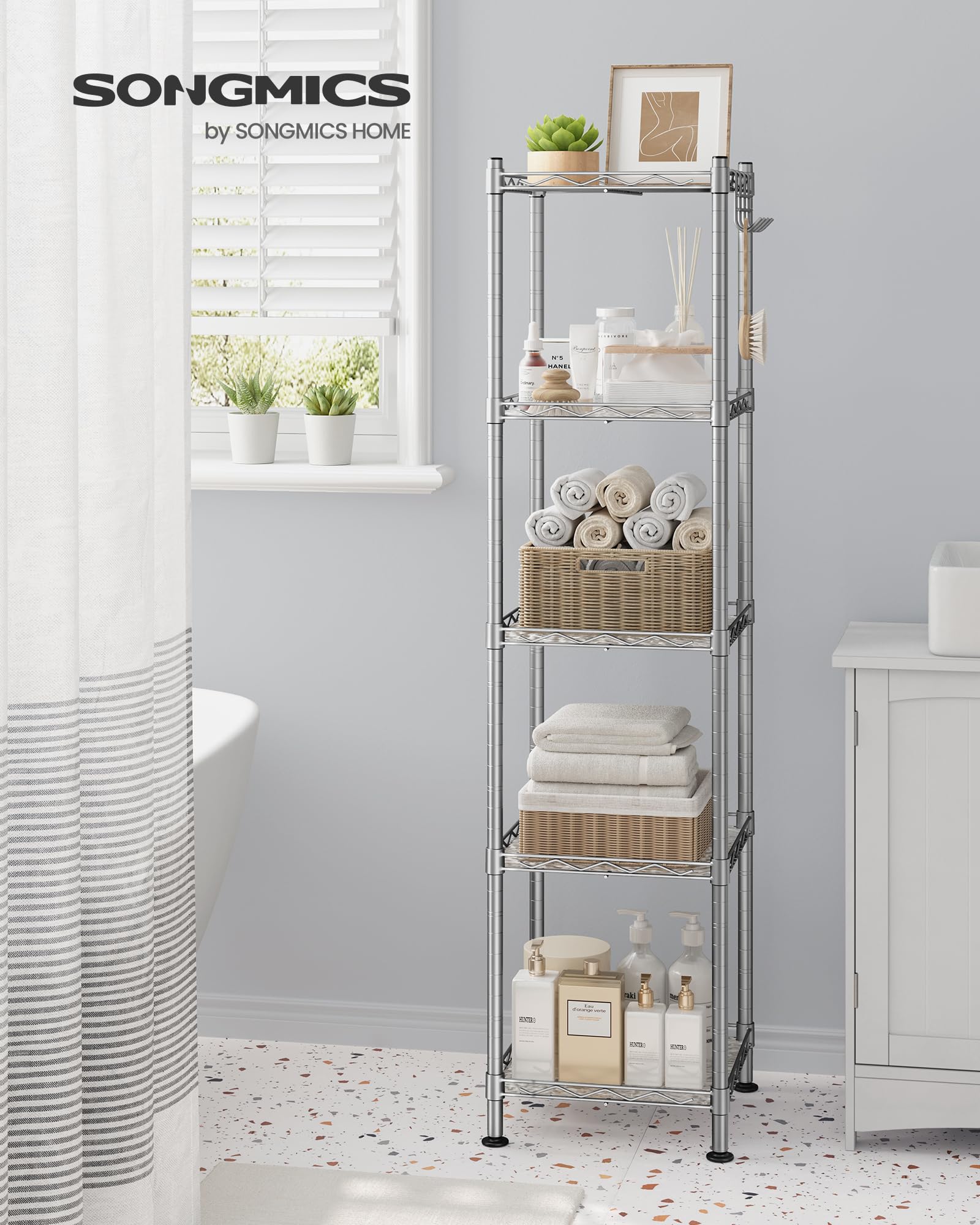 SONGMICS Storage Shelf, Bathroom Shelf for Small Space, 5 Tier, Silver