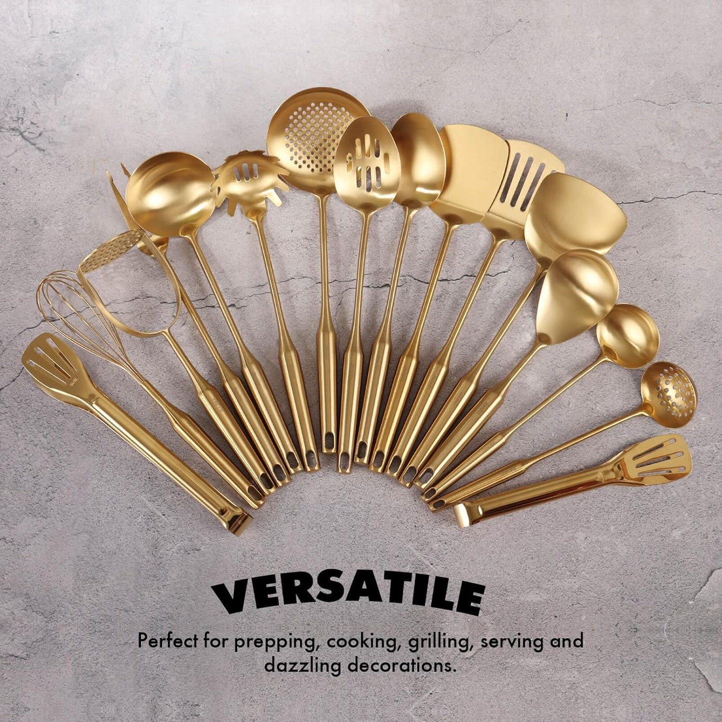 Gold Cooking Utensils Set - 18/10 Stainless Steel Large and Small Spoons Set, 16 PCS All Metal Kitchen Tools, Serving Utensils - Whisk, Masher, Fork, Tongs, Spatula, Ladle, Skimmer, Turner, Pasta