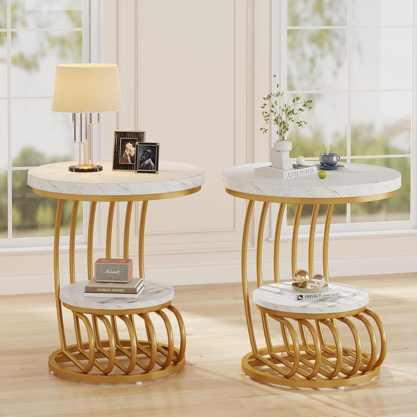 Tribesigns Gold Round End Table: 2 Tiers Side Table Set of 2 with Storage Shelf, Modern White Gold Bedside Nightstand, Metal Faux Marble Accent Table for Living Room