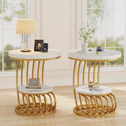 Tribesigns Gold Round End Table: 2 Tiers Side Table Set of 2 with Storage Shelf, Modern White Gold Bedside Nightstand, Metal Faux Marble Accent Table for Living Room