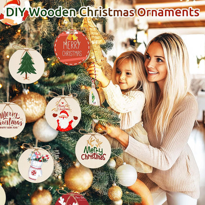 Philorn 50pcs Wooden Ornaments for Crafts 3.5" Unfinished DIY Wooden Christmas Ornaments, Predrilled Wood Slices Circles for Crafts Paint Holiday Hanging Decorations (50pc Rounds)