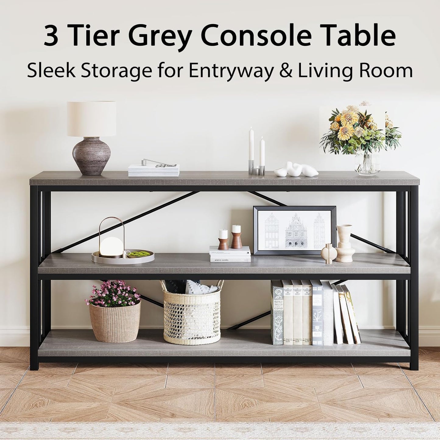 LVB Long Console Table with Storage, Farmhouse Rustic Skinny Entryway Table, Modern Wood Metal Hallway Sofa Table with Shelf, Industrial Narrow Couch Entry Table for Foyer Living Room, Light Grey, 63