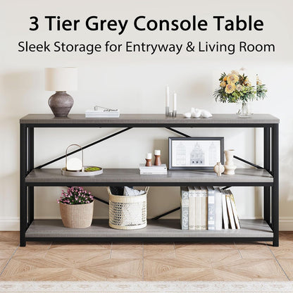 LVB Long Console Table with Storage, Farmhouse Rustic Skinny Entryway Table, Modern Wood Metal Hallway Sofa Table with Shelf, Industrial Narrow Couch Entry Table for Foyer Living Room, Light Grey, 63
