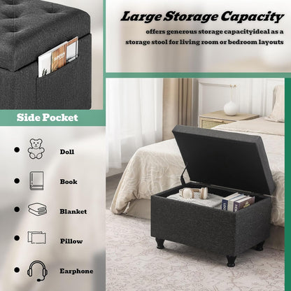 Ottoman with Storage 24'' Storage Ottomans Linen Fabric Ottoman Footstools Small Upholstered Foot Rest Stool for Couch, Living Room, Bedroom, Entrance Shoe Bench Dark Grey