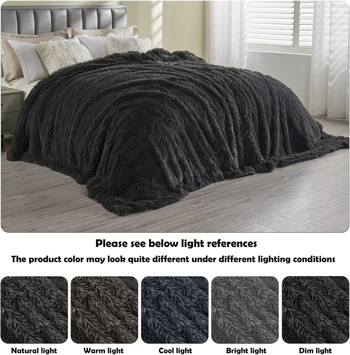 GONAAP Fuzzy Faux Fur Throw Blanket Queen Size Dark Grey Super Soft Cozy Plush Fuzzy Shaggy Blanket for Couch Sofa Bed (Dark Grey, Queen(90"x90"))