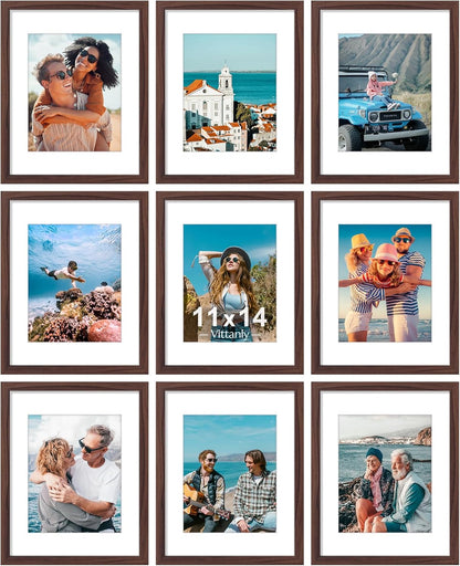 Vittanly 11x14 Picture Frames Set of 9, Shatter Resistant Plexiglass, Display 8x10 Pictures with Mat or 11x14 without Mat, Photo Frames for Wall or Tabletop, Engineered Wood, Walnut