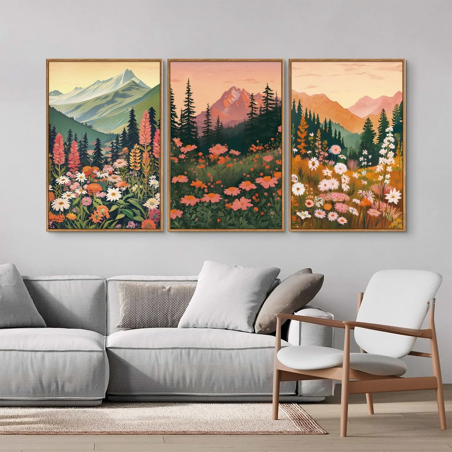 Tinonedraw Colorful Nature Flowers Framed Canvas Wall Art Set, Boho Blue Ridge Mountain Wall Decor,Floral Forest Scenery Artwork, Modern Wildflower Blossom Landscape Art Prints for Living Room Bedroom Office 16"x24"x3