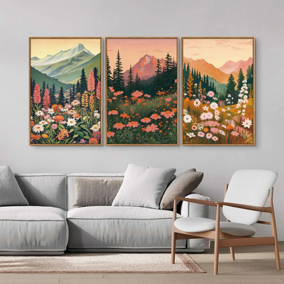 Tinonedraw Mountain Wildflower Framed Canvas Wall Art Set, Boho Mountains Landscape Wall Decor, Modern Floral Forest Scenery Artwork, Neutral Nature Art Prints for Living Room Bedroom Office 24"x36"x3