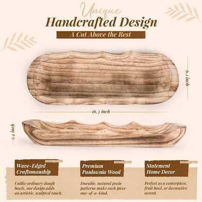 Wavy Edge Wooden Dough Bowl for Decor 16"L Lightweight Paulownia Wood Hand Carved Decorative Wooden Farmhouse Fruit Bowl Handmade, Home Decoration Centerpiece, Table Display Bowl