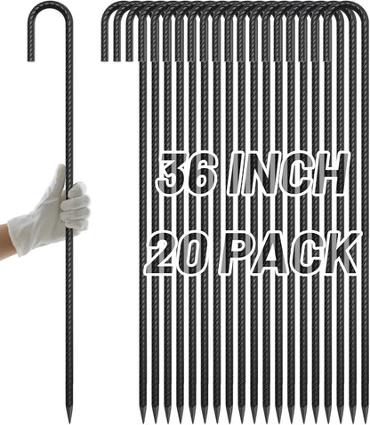 AAGUT 20 Pack Rebar Stakes J Hook 36 inch Heavy Duty Trampoline Stakes Steel Ground Anchors with Chisel Point End for Camping Tent Canopy and Chain Link Fence,Black