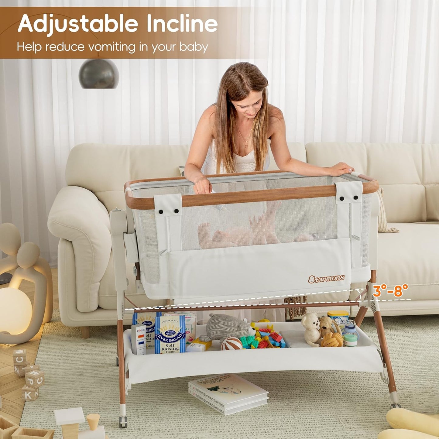 Bassinet Bedside Sleeper, Rocking Bassinet for Baby, 3 in 1 Crib with 6 Adjustable Height,Breathable Mesh and Lockable Wheels, Baby Must Haves for Newborns