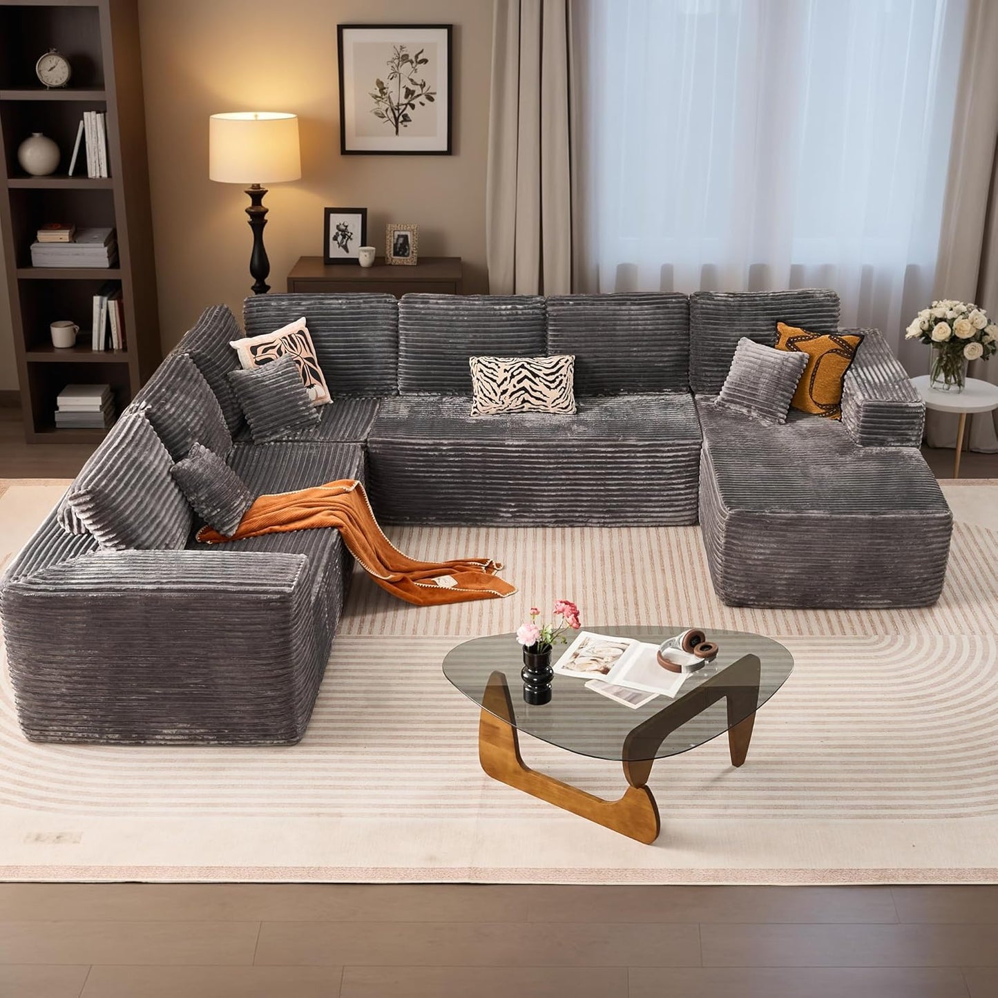 HOOOWOOO Cloud Sectional Couches for Living Room,Modular Sectional Sofa No Assembly,133X108 Inch Plush Corduroy Large U Shaped Floor Couch Set with Deep Seat Right Chaise(Gray)