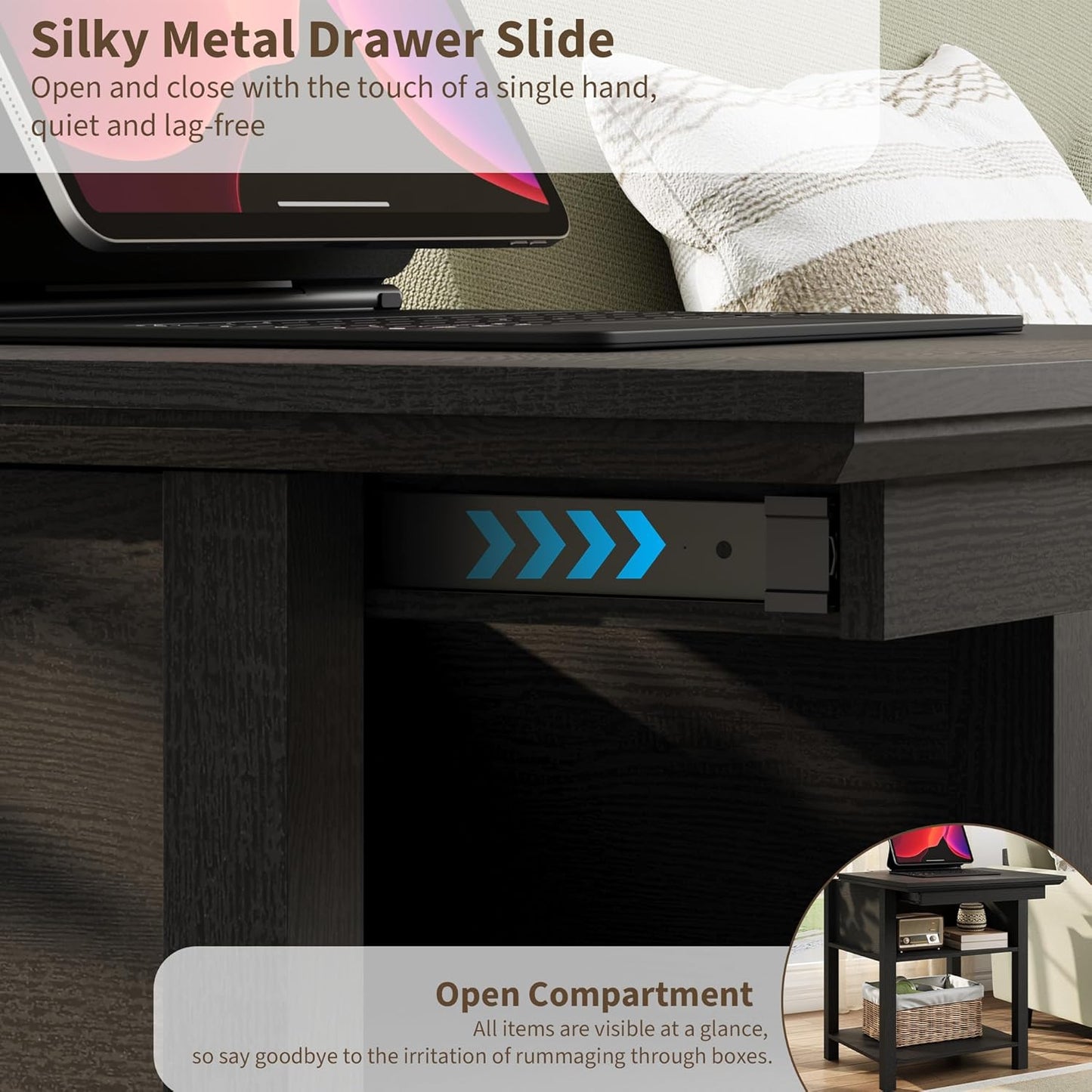 Rresyet Sliding Side Table with Charging Station & 2-Tier Storage,Farmhouse End Table, Wooden Nightstand for Bedroom & Living Room,Black