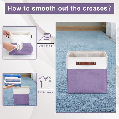 Collapsible Fabric Storage Cubes 11x11 Cube Storage Bins, 4 Pack Closet Baskets Box with Handles for Organizing, Shelf, Toys, Clothes, Home, Office, Nursery (Purple&White)