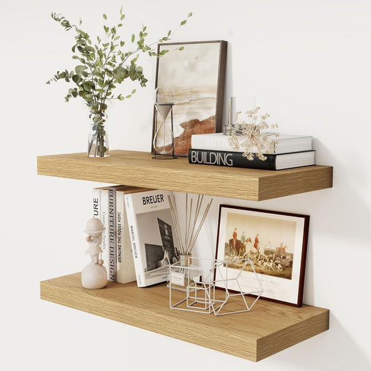 30 Inch Floating Shelves, 12 Inch Deep Floating Shelves for Wall, Rustic Wood 30 x 12 Shelves for Wall Storage & Display, 2 Inch Thicked Floating Shelf for Bathroom, Living Room, Oak Color, 2 Pack