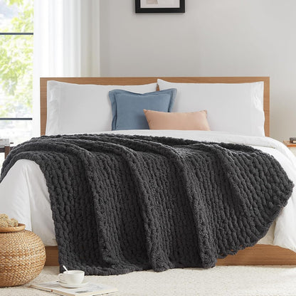 L'AGRATY Chunky Knit Blanket Throw - Soft Throw Blanket 40x50: 100% Hand Kintted Chenile Crochet Throw Blanket for Couch - Large Cable Knit Blanket for Home Decor (Dark Grey)