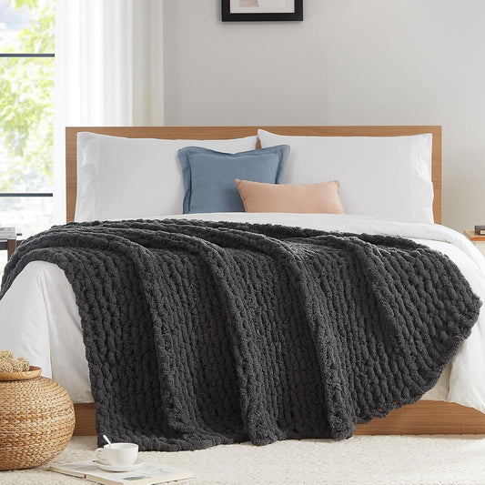 L'AGRATY Chunky Knit Blanket Throw - Soft Throw Blanket 60x80: 100% Hand Kintted Chenile Crochet Throw Blanket for Couch - Large Cable Knit Blanket for Home Decor(Dark Grey)