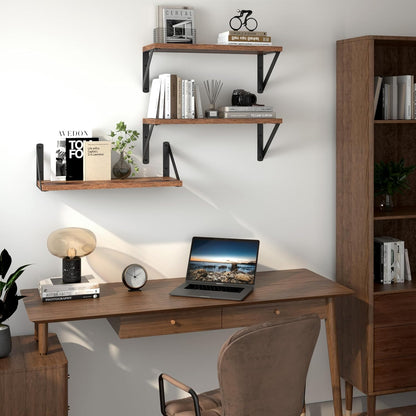 Heimlove Floating Shelves for Wall, 16 Inch Long Wood Floating Shelves Set of 3, Wall Mounted Hanging Shelf for Bathroom Bedroom Kitchen, Rustic Brown