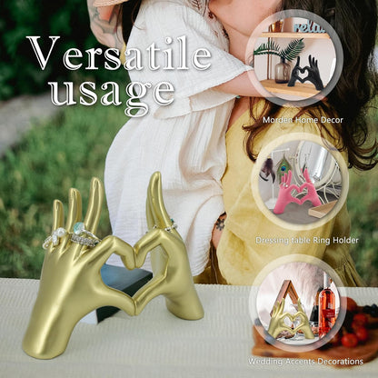 Accessoryway Gold Heart Hands Decor Sculpture,Small Love Heart Gesture Decorative Sign Sculpture for Wedding Dresser Shelves Desktop Knick Knacks Home Decor & Ring-Holder Display Stand