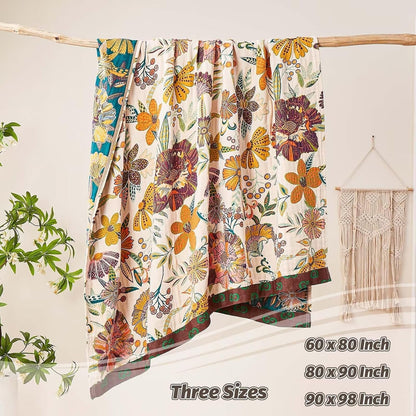Boho Throw Blanket, 100% Cotton Ultra Soft Luxury Throw Rustic Quilt, 80"x90" Floral Printed Farmhouse Decor Bed Summer Blankets, All Season Rustic Reversible Bohemian Throw for Bed - White