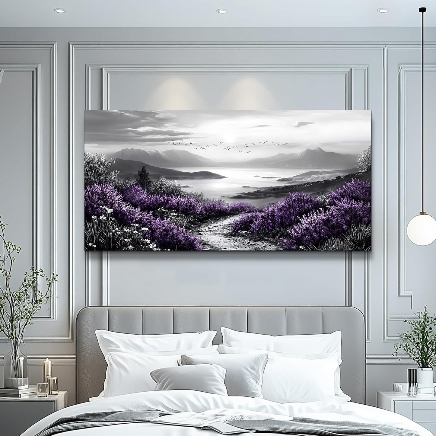 KELIYUAN Black And White Home Decoration Canvas Wall Art For Restaurant Natural Landscape Painting Printing Landscape Purple Grass Picture Suitable For Living Room Bedroom Office Wall Decor 20x40In