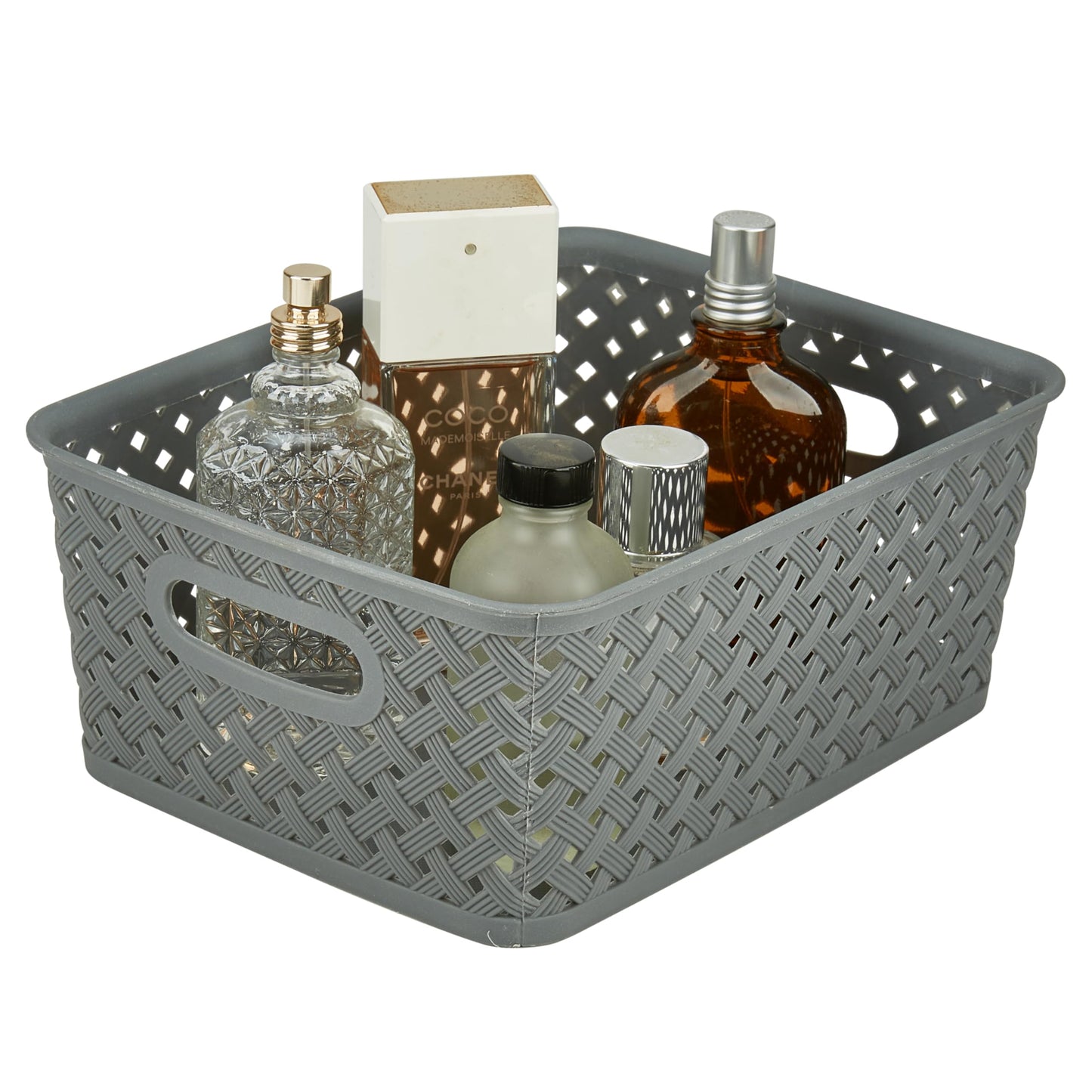 Simplify Small Resin Wicker Tote | Storage Bin | Plastic Organizer | Carrying Handles | Bathroom |