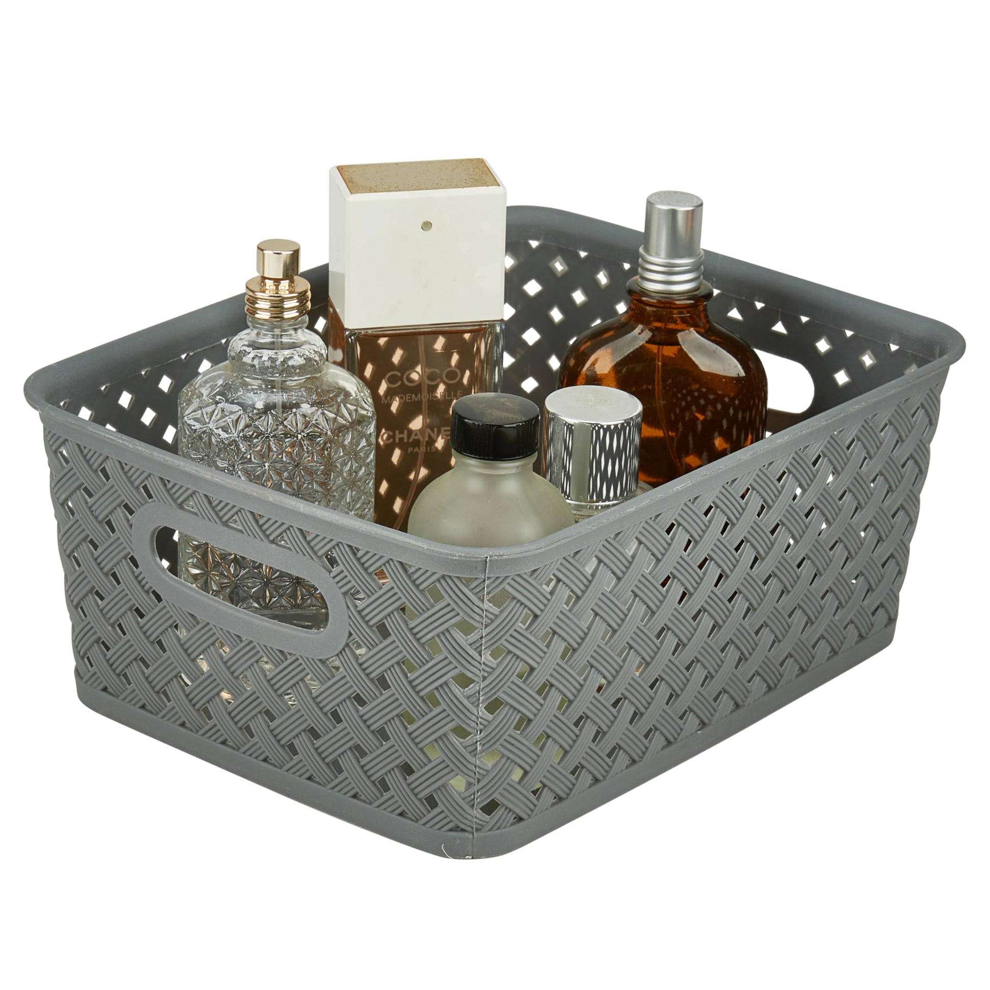 Simplify Small Resin Wicker Tote | Storage Bin | Plastic Organizer | Carrying Handles | Bathroom |
