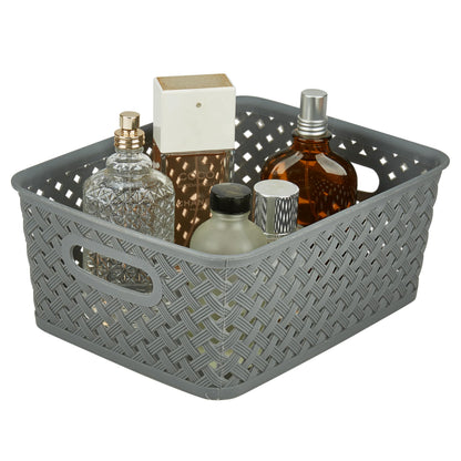 Simplify Small Resin Wicker Tote | Storage Bin | Plastic Organizer | Carrying Handles | Bathroom |