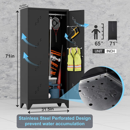 71'' Metal Storage Cabinet with Doors, Multifunctional Bathroom/Garage Lockable Steel Cabinet, Broom Closet Storage with Hanging Rod (Style-1)
