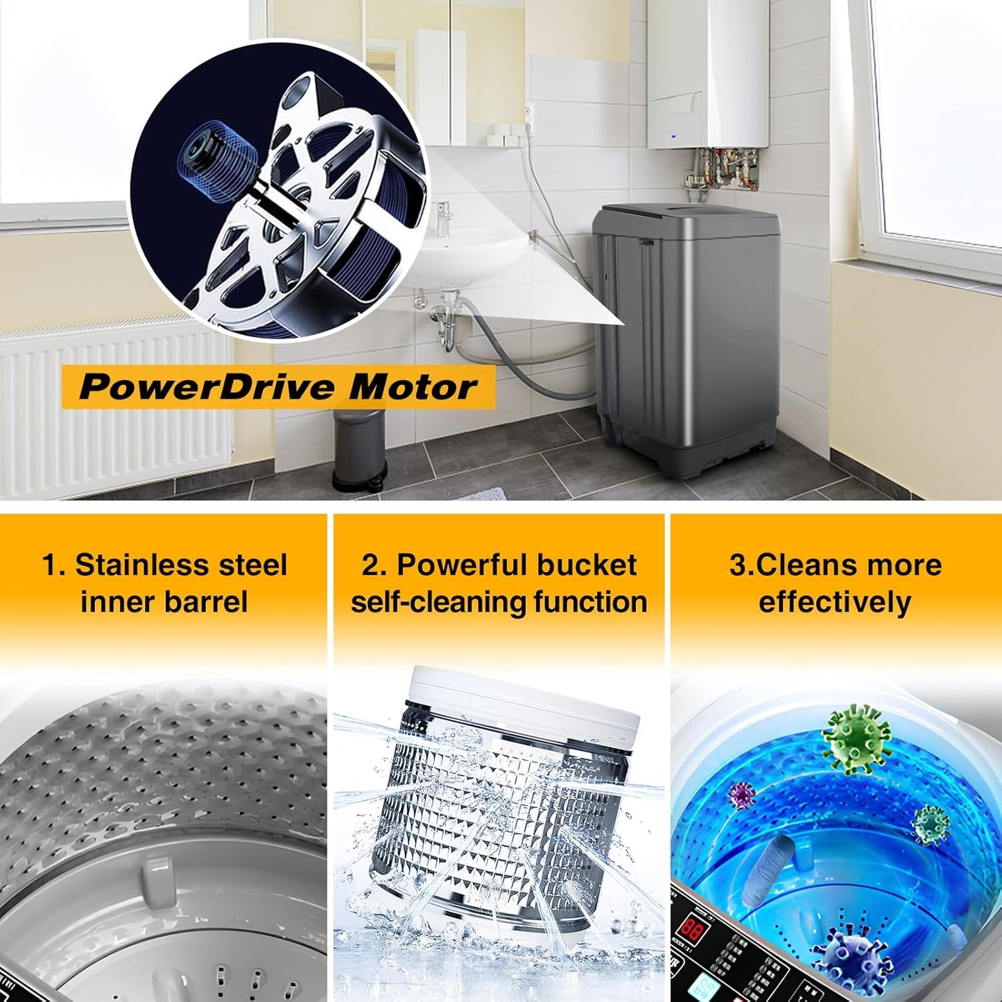 Portable Washing Machine 2.3 Cu. Ft. Full-Automatic Compact Washer Machine for Apartment, 10 Wash Program Small Portable Washer for Dorm, Apartment, RV, Home, Silver