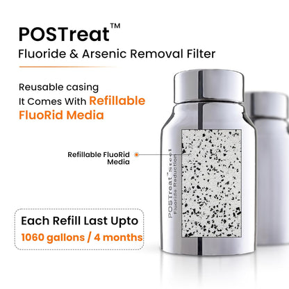 3.25 Gallons NSF Certified AISI 304 Stainless Steel Water Filter with 2 Smart Carbon (Black) Filters, 2 POSTreat Steel Fluoride Removal Elements & Free Stainless Steel Spigot