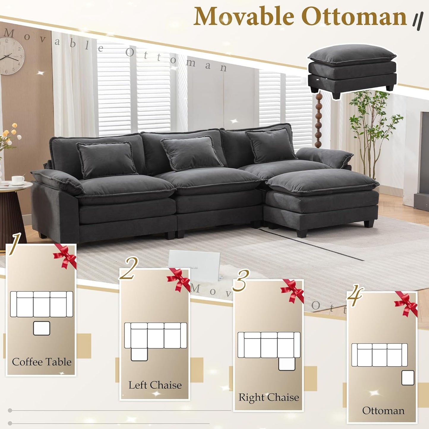 URRED Modular Sectional Sofa Comfy Cloud Couch, Modern Velvet Sofa Sleeper Deep Seat Couches with Ottoman/Pillows for Living Room (Dark Gray, 117''- L Shape)