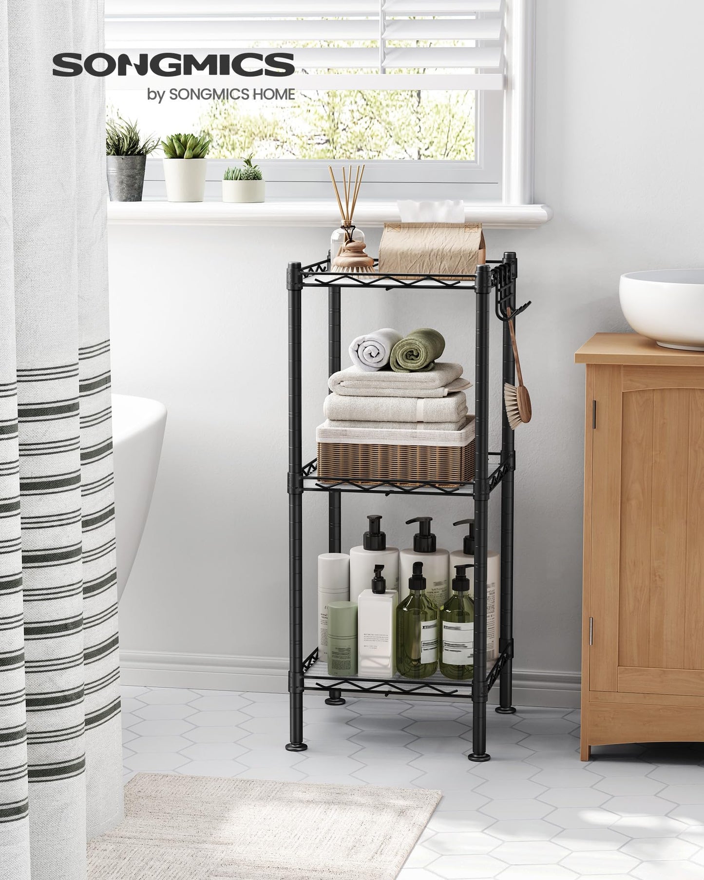 SONGMICS Storage Shelf, Bathroom Shelf for Small Space, 3 Tier, Ink Black