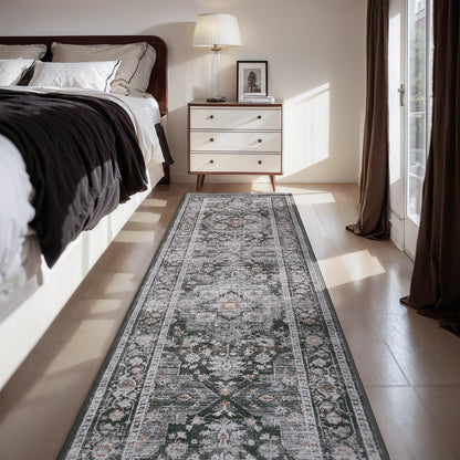 AMOAMI-2X10 Runner Rug-Washable Runners for Hallways-Soft Non Slip Bedside Rugs for Bedroom-Vintage Long Rug for Hallways Entryway Laundry Room Stair Kitchen Bathroom Dark Grey & Black