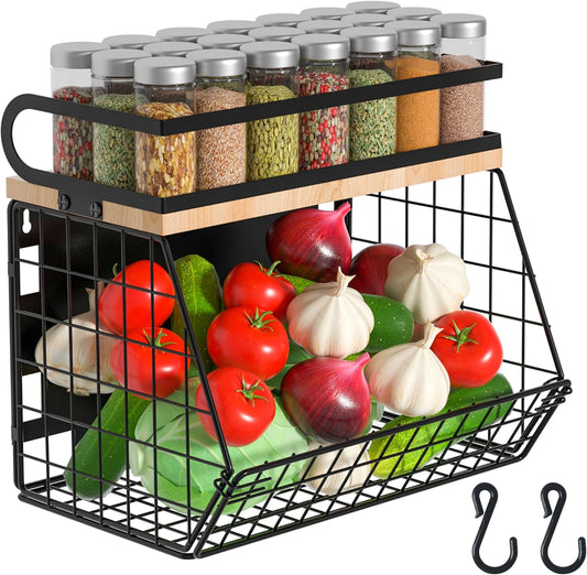 Magnetic Spice Rack for Refrigerator, Fruit, Potato & Onion Storage Bin,Large Capacity Magnetic Shelves for Side of Refrigerator, Kitchen Organizers and Storage Countertop,1 Pack Black