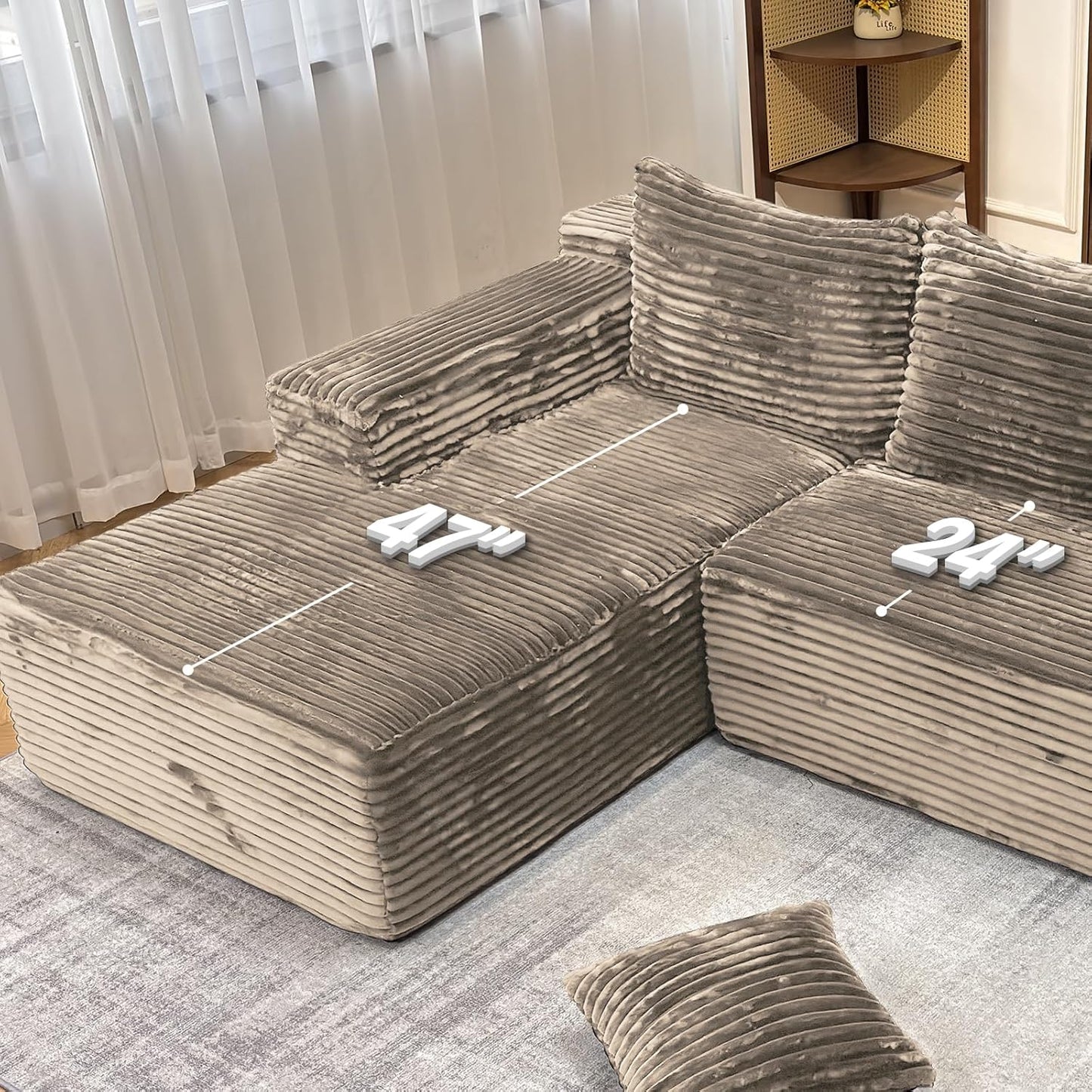 104" Modern Modular L-Shape Sofa Couch with Chaise Light Coffee Faux Rabbit Fur Cloud Sectional Couch with Deep Seat Modular Sectional Sofa No Assembly Required Upholstered Couches for Living Room