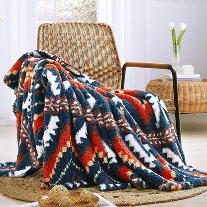 CASAAGUSTO Boho Sherpa Blanket, Aztec Twin Blanket, Ultra Soft, Warm, Cozy, Plush, Thick Fleece Western Blanket for Couch, Bed, Sofa (Navy Blue 60 * 80 Inch)