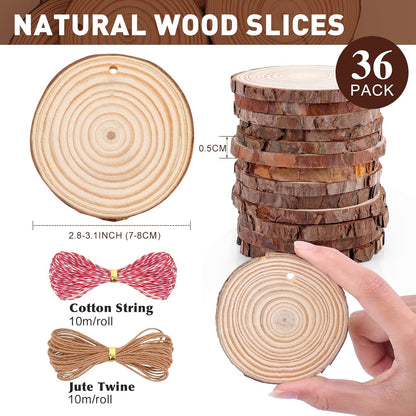 36 Pack Nature Wood Slices for Crafts,2.8-3.1In Unfinished Natural Wood Rounds.Wood Circles Predrilled with Hole and 20m Rope for Wooden Craft Supplies,Painting,Christmas Ornaments,DIY Gifts