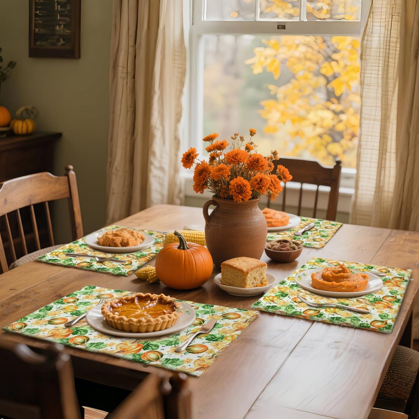 MANSPHIL Orange Pumpkin Placemats Set of 4 for Fall Theme Thanksgiving Decor - Farmhouse Cloth Cotton Faux Linen Table Place Mats for Dining Kitchen Washable - 13x19 Inch