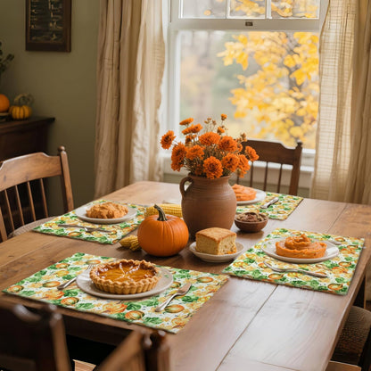 MANSPHIL Orange Pumpkin Placemats Set of 4 for Fall Theme Thanksgiving Decor - Farmhouse Cloth Cotton Faux Linen Table Place Mats for Dining Kitchen Washable - 13x19 Inch