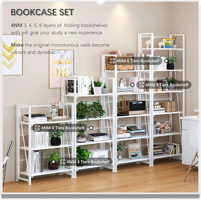 4NM No Assembly Foldable Bookshelf, 6-Shelf Collapsible Bookcase Storage for Small Spaces, 74" H, All White