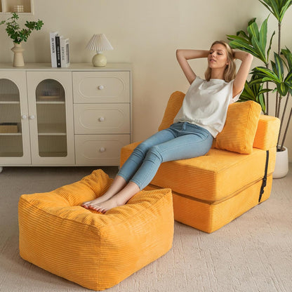 HIGOGOGO Square Stuffed Pouf Ottoman, Corduroy Poufs with Foam Chunk Filling, Furry and Fluffy Pouf Foot Stool Storage Ottoman, 25.6 X 25.6 Floor Poufs Foot Rest for Living Room, Orange