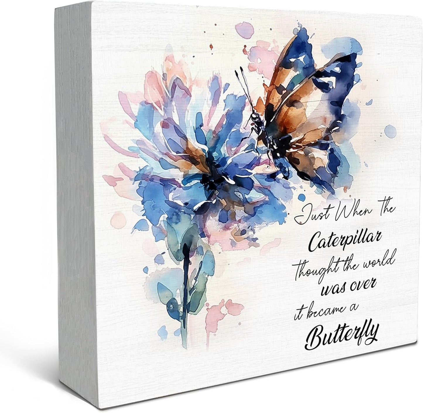 SRADMO Inspirational Desk Signs, Inspirational Butterfly Wood Box Sign Desk Decor, Motivational Desk Decor, Encouragement Theme Wooden Block Box Sign Decoration for Home Office Shelf Table Decor