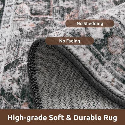 AMOAMI-2X10 Runner Rug-Washable Runners for Hallways-Soft Non Slip Bedside Rugs for Bedroom-Vintage Long Rug for Hallways Entryway Laundry Room Stair Kitchen Bathroom Dark Grey & Black