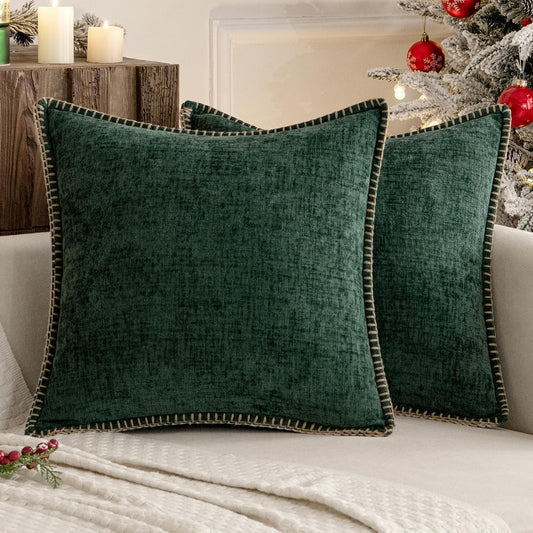 MIULEE Pack of 2 Christmas Pillow Covers 18x18 Inch Dark Green Farmhouse Decorative Throw Pillow Covers with Stitched Edge Soft Chenille Solid Dyed Couch Pillow Covers for Sofa Bed Living Room